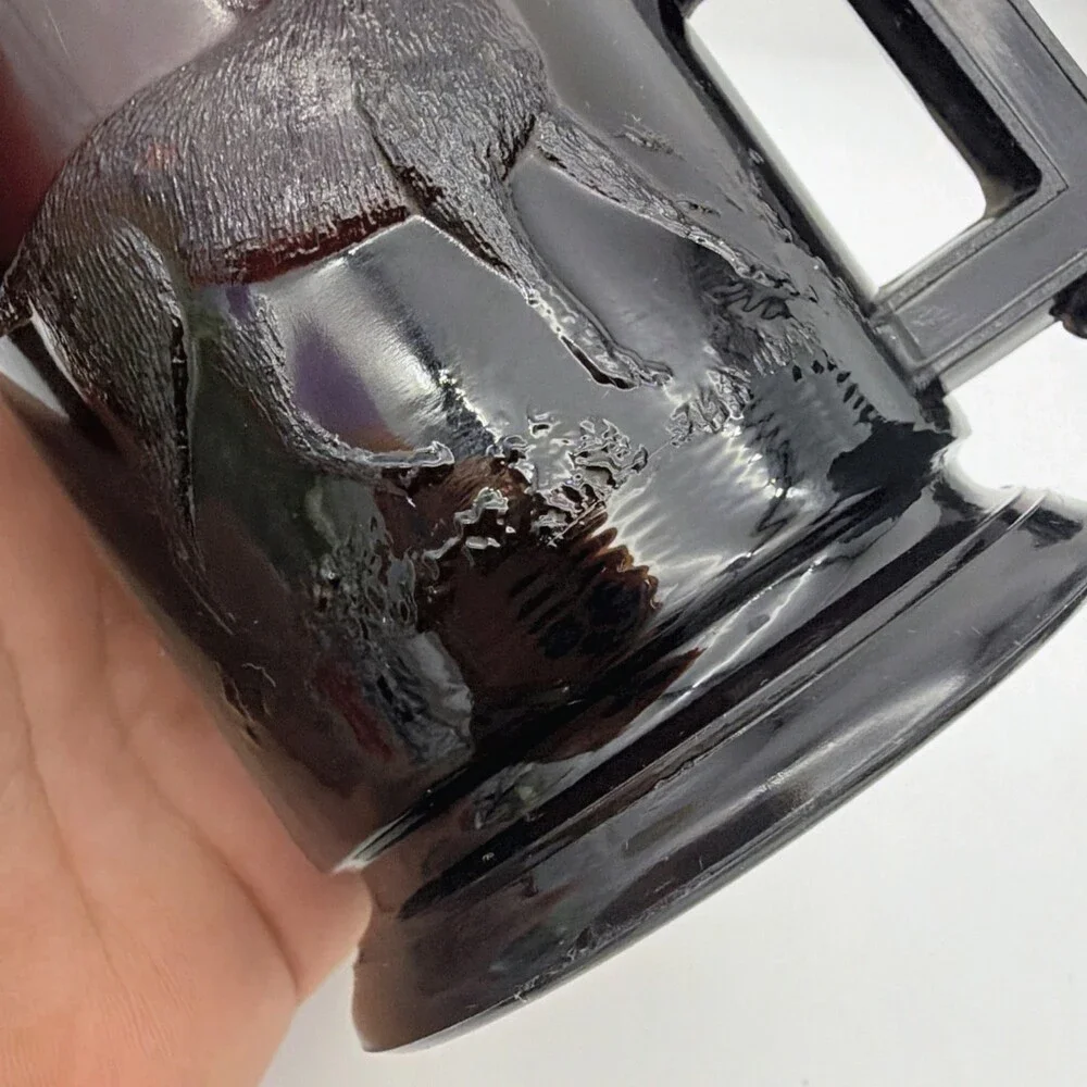 Antique EAPG Black Amethyst Glass Child's Mug Stein Embossed Dog Retriever